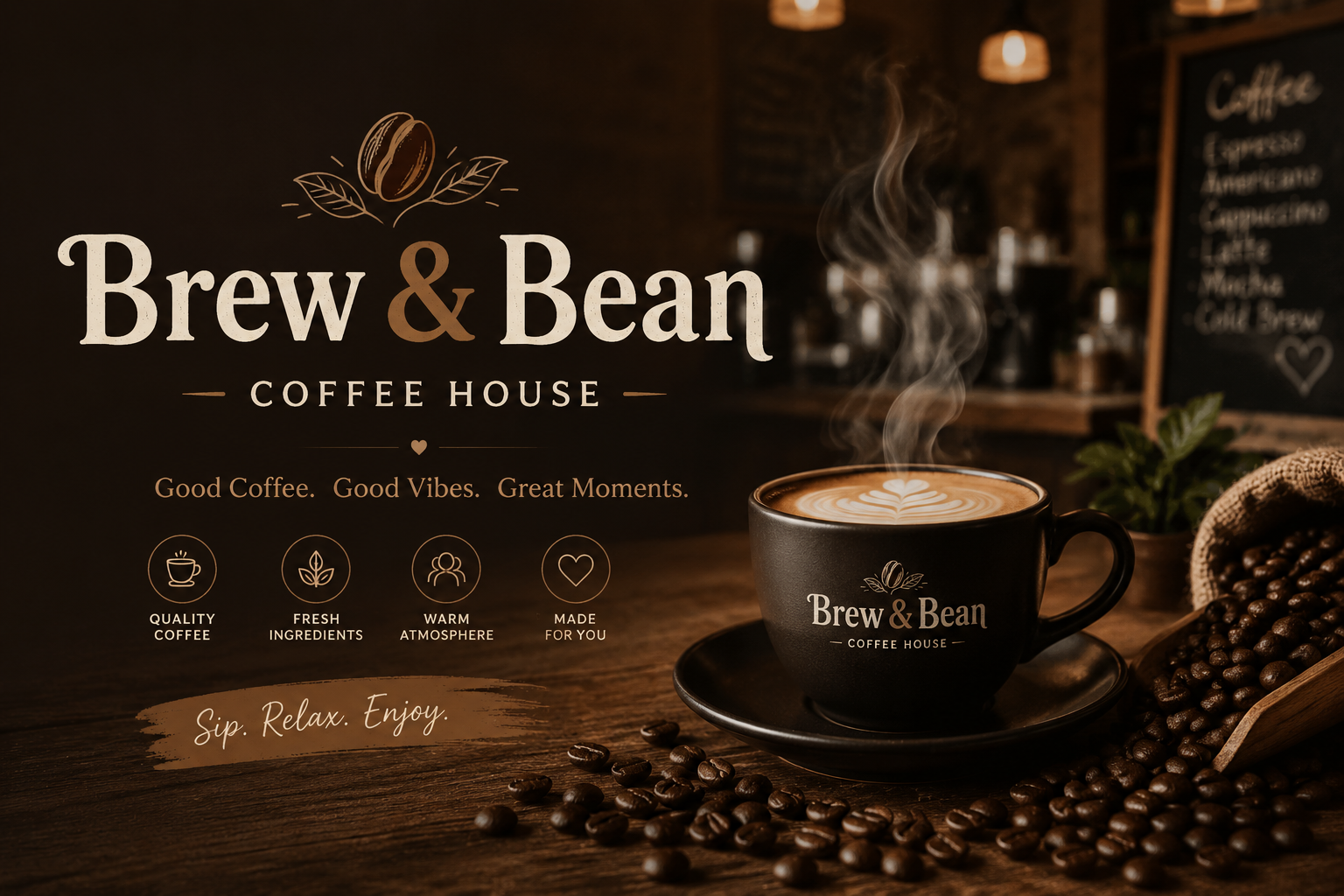 Brew and Bean Coffee House logo banner with a heart-foam latte and coffee beans