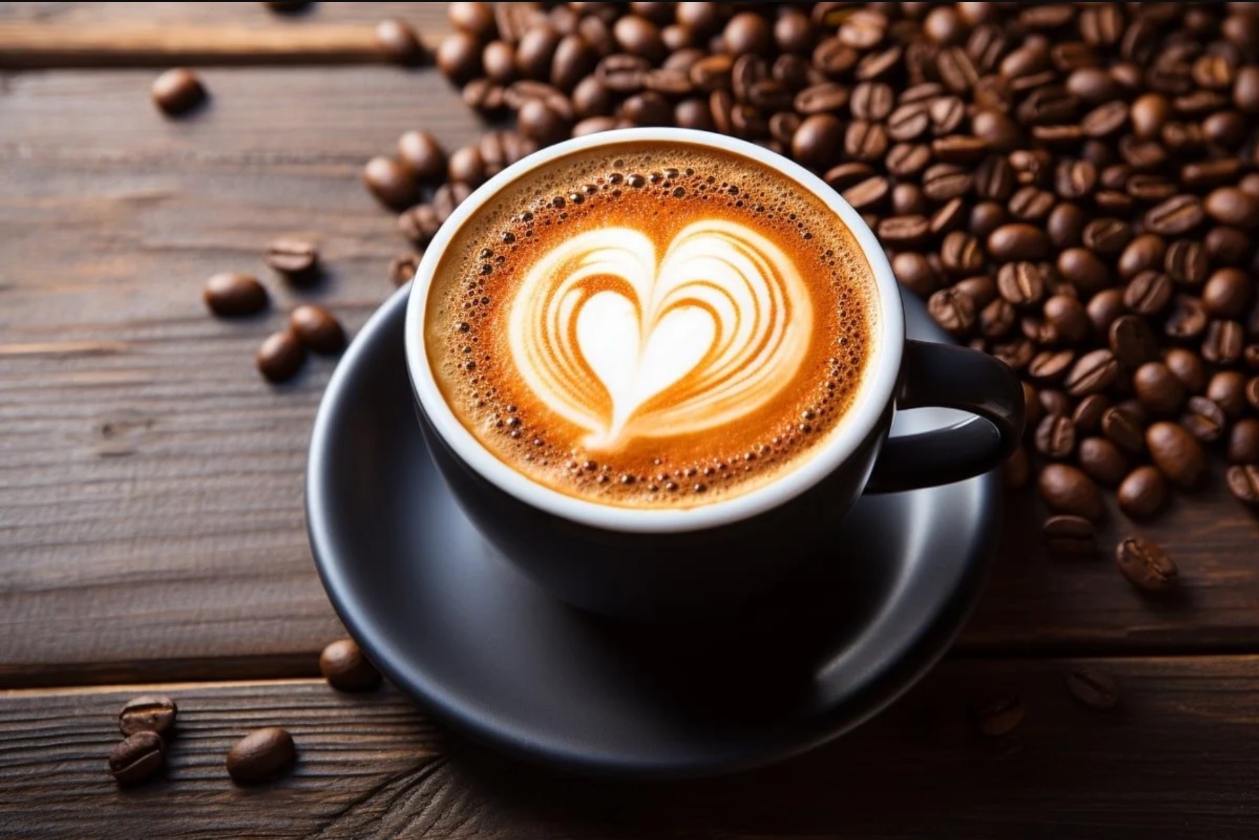Latte with heart-shaped foam art beside a pile of coffee beans