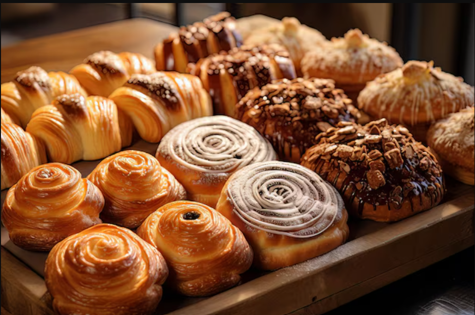 Tray of fresh baked croissants and sweet rolls